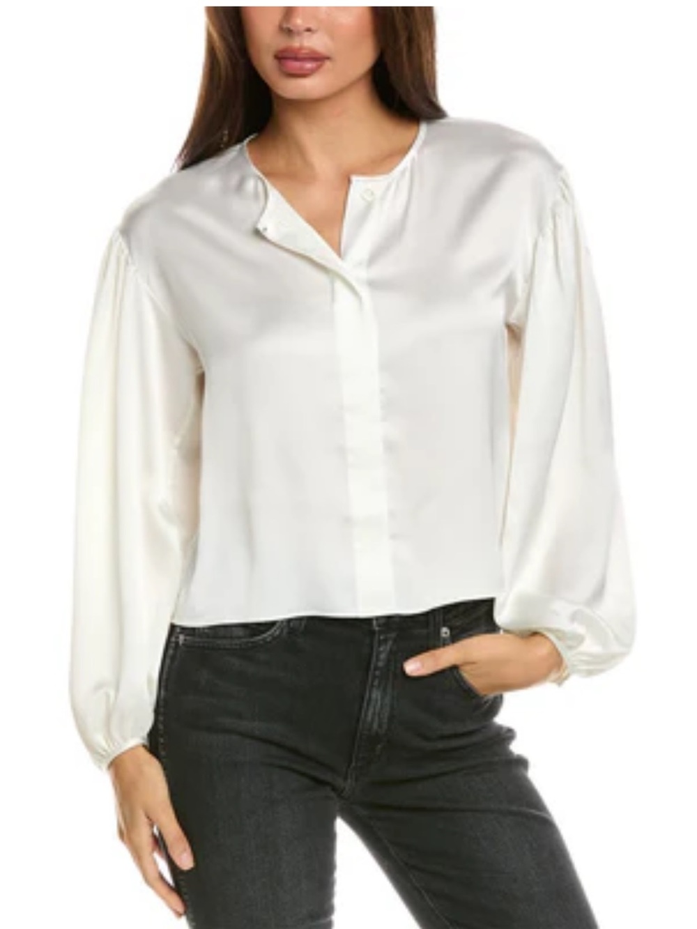 Frame Satin Ivory Collarless Long Sleeve Blouse size XS
